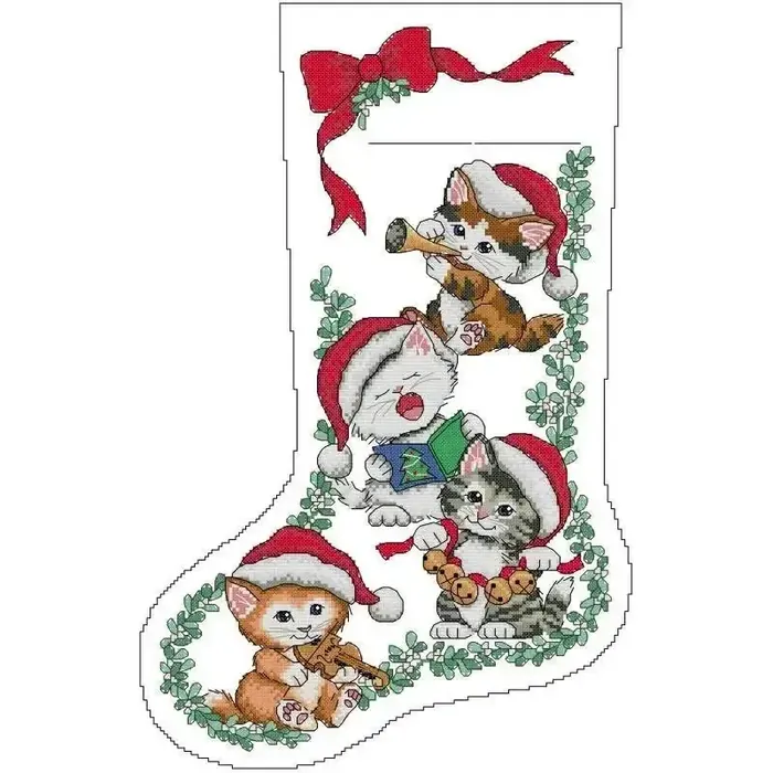Christmas stocking cross stitch design CC-K13-08: four kittens in Santa hats playing a trumpet, jingle bells and a violin under a red bow