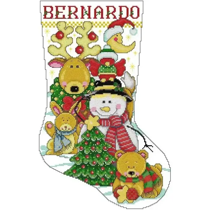 Personalizable Christmas stocking cross stitch design CC-K13-09: a reindeer, a snowman, a rabbit and a bear cub gathered around a Christmas tree, with a name band you stitch yourself
