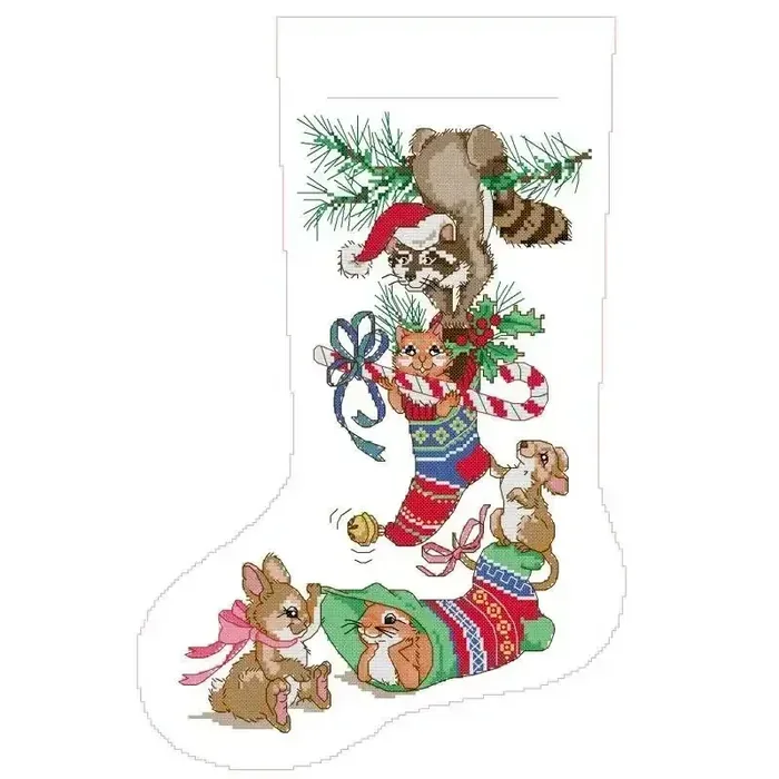 Christmas stocking cross stitch design CC-K13-10: a raccoon in a knit hat sitting on a branch, a kitten peeking out of a knitted stocking, a mouse and rabbits below