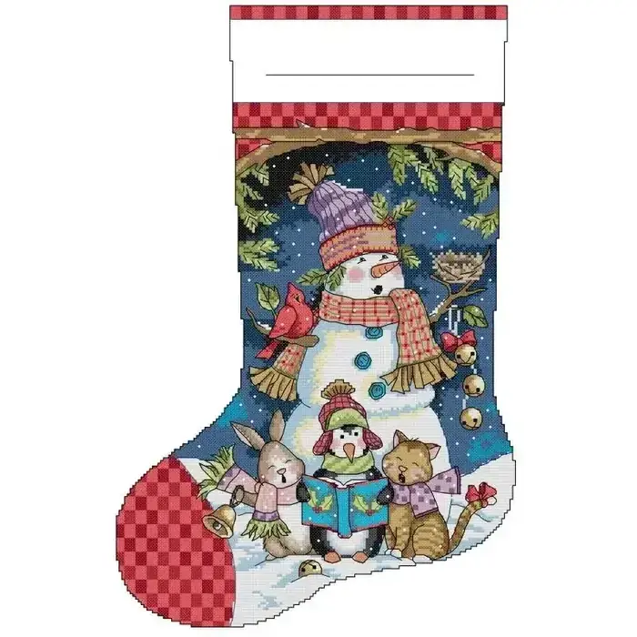Christmas stocking cross stitch design CC-K13-11: a snowman in a purple beanie with a singing penguin, a cardinal, a cat and a rabbit under a night sky