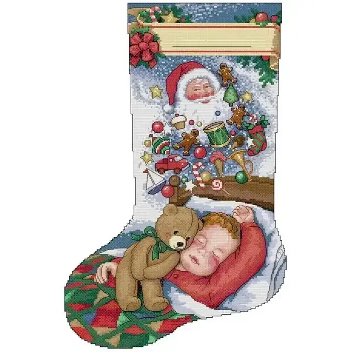 Personalizable Christmas stocking cross stitch design CC-K13-12: a sleeping baby hugging a teddy bear and dreaming of Santa and toys, with a blank name band you stitch yourself