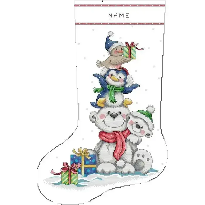 Personalizable Christmas stocking cross stitch design CC-K13-14: a stacked bird totem, a penguin, two polar bears and gifts, with a NAME band you stitch yourself