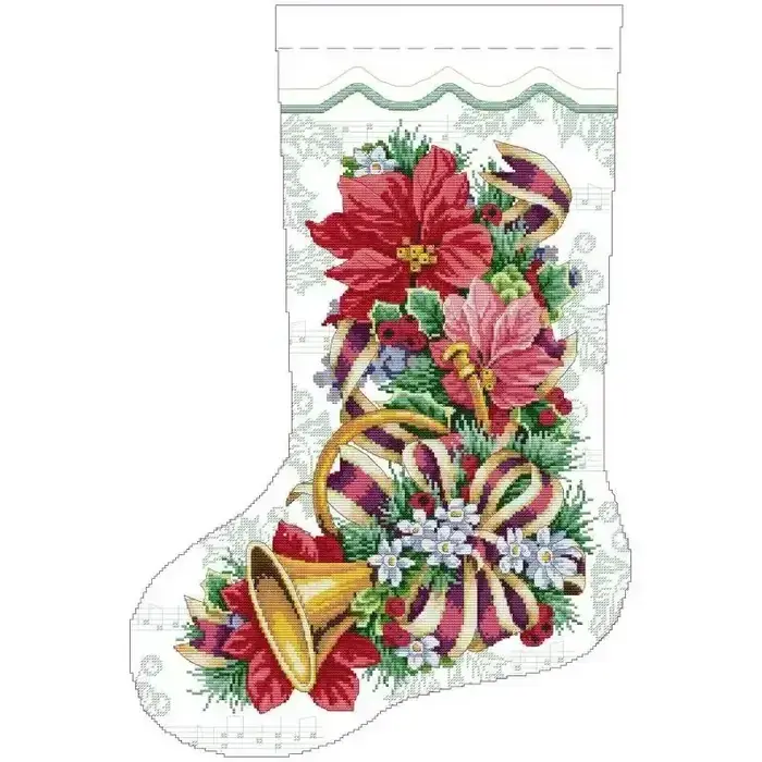 Christmas stocking cross stitch design CC-K13-15: red and pink poinsettias with a golden bell and horn, daisies and striped ribbons over a sheet-music background