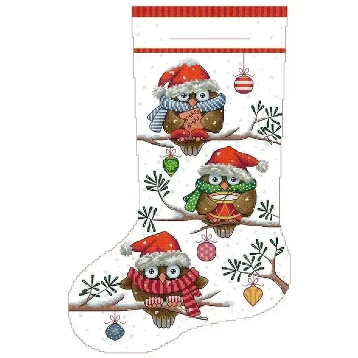 Christmas stocking cross stitch design CC-K13-16: three owls wearing beanies and scarves perched on branches with a drum and hanging ornaments