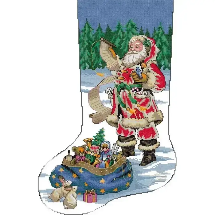 Christmas stocking cross stitch design CC-K13-19: Santa standing in a fir forest reading his list, with a starry blue toy sack and rabbits at his feet