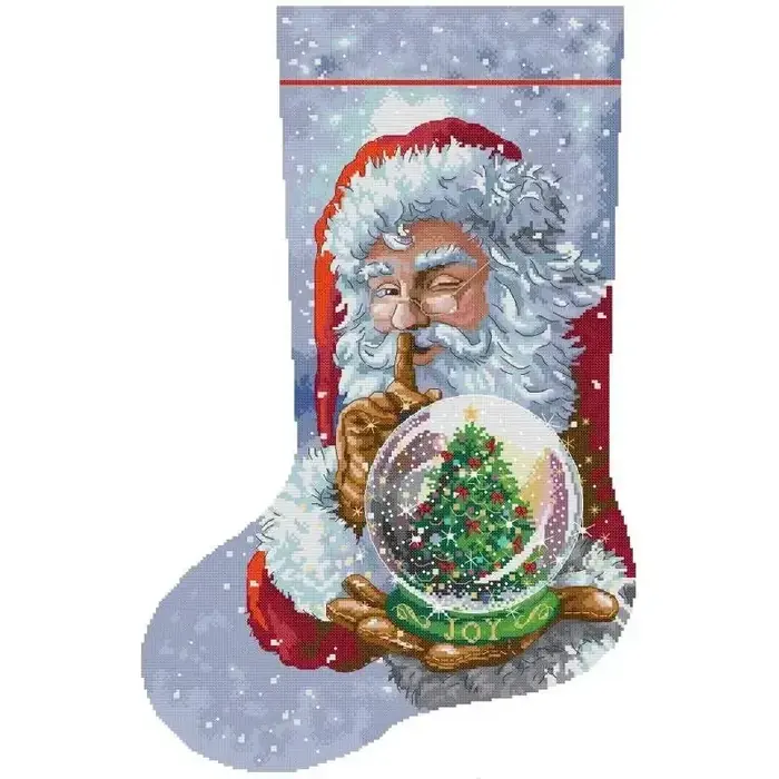 Christmas stocking cross stitch design CC-K13-20: a winking Santa holding a JOY snow globe with a Christmas tree inside, against a snowy sky
