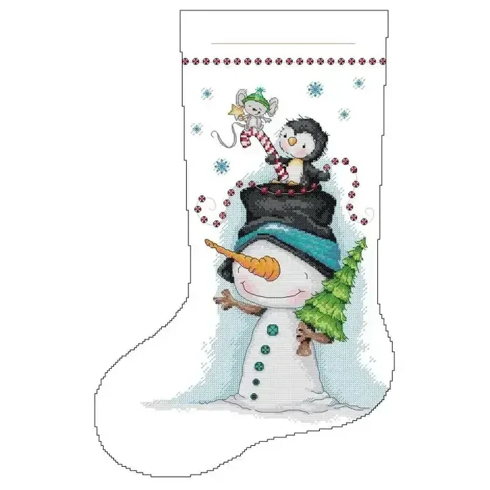 Christmas stocking cross stitch design CC-K13-22: a cartoon snowman in a top hat with a penguin, a mouse and a candy cane in a clean, simple style