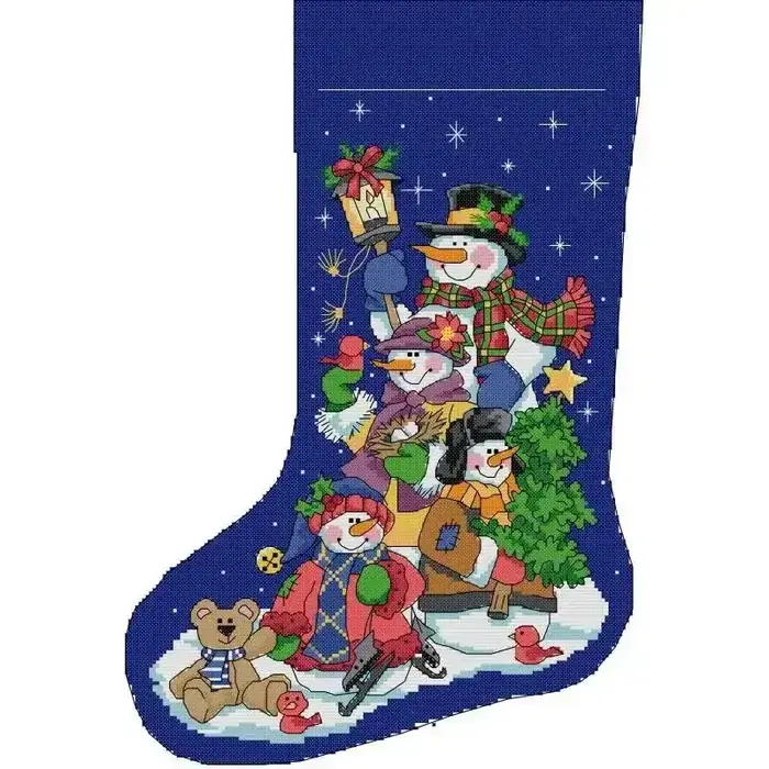 Christmas stocking cross stitch design CC-K13-23: a family of four snowmen with a lantern and ice skates, a bear cub and red birds on a starry royal-blue sky