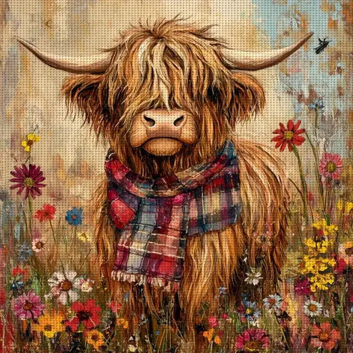 Stamped highland cow cross stitch design CC-K3-01: a shaggy highland cow in a red and blue tartan scarf standing among wildflowers, printed in full color on the fabric