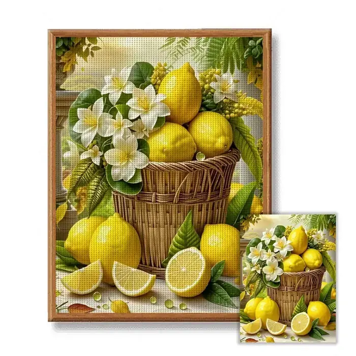 Stamped lemon still-life cross stitch design CC-K4-01: a wicker basket overflowing with lemons and white jasmine, with a halved lemon in front, shown framed