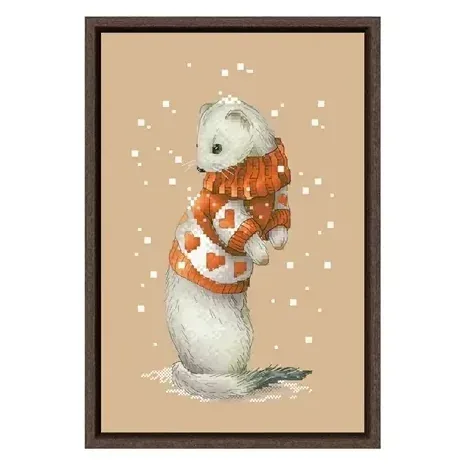 White Mink counted cross stitch design CC-K6-01: a white mink standing in an orange sweater patterned with white hearts