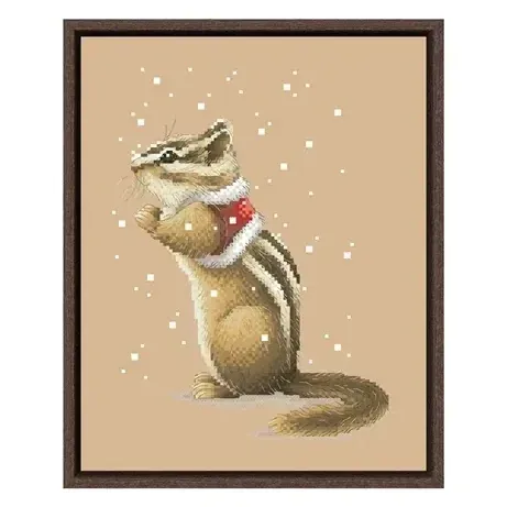 Chipmunk counted cross stitch design CC-K6-03: a striped chipmunk standing in profile wearing a red and white ruffled holiday collar