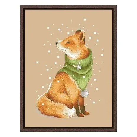 Winter Fox counted cross stitch design CC-K6-04: a red fox sitting in profile in a green knit snood with a pompom, with falling snow on flaxen fabric