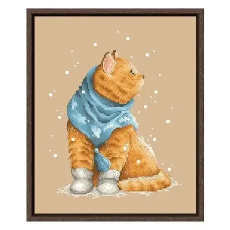 Winter Cat counted cross stitch design CC-K6-05: an orange tabby cat seen from behind with its head turned, in a blue pompom shawl and white booties