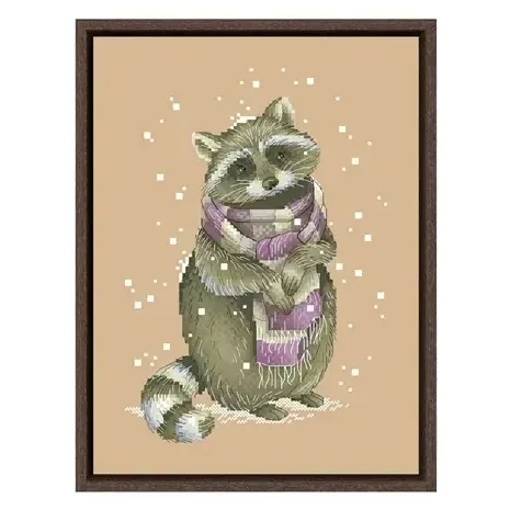 Raccoon counted cross stitch design CC-K6-06: a raccoon standing in a long striped mauve and cream scarf on flaxen fabric