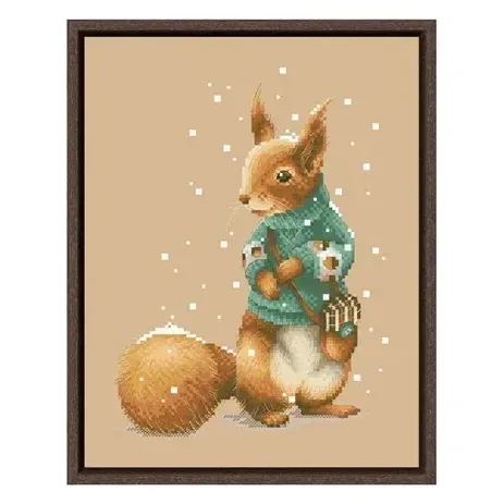 Squirrel counted cross stitch design CC-K6-07: a red squirrel standing in a turquoise flower sweater with a small satchel