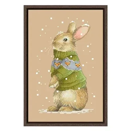 Rabbit counted cross stitch design CC-K6-08: a beige rabbit standing in an olive-green sweater with a fox border