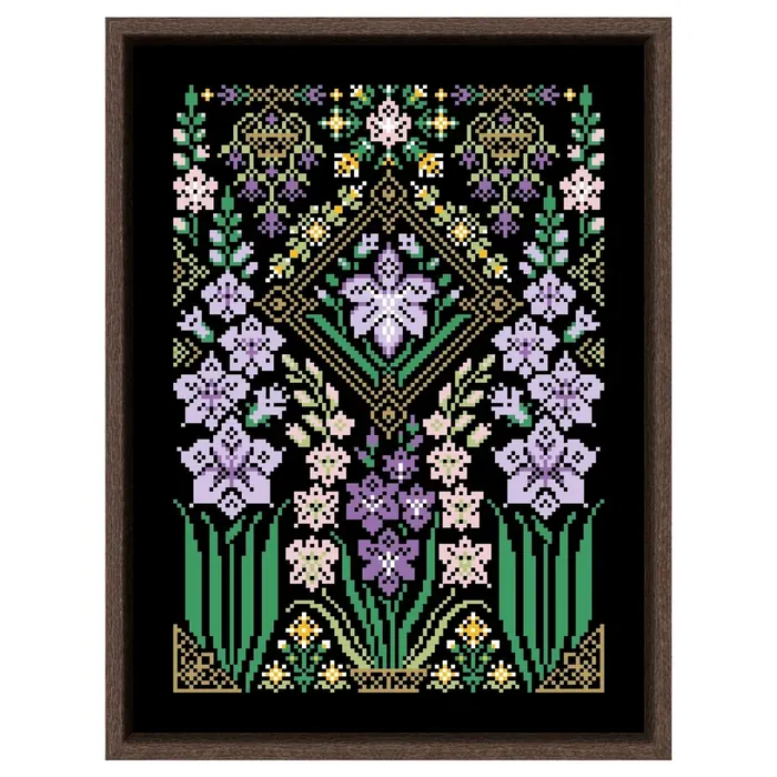 The Gladioli black-canvas sampler framed in dark wood: lilac and pale-pink gladioli with golden bees and stylised baskets on black fabric