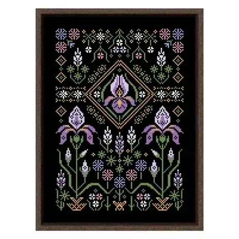 Iris sampler cross stitch design CC-K8-02: purple irises, lavender sprigs and a golden diamond medallion on black fabric