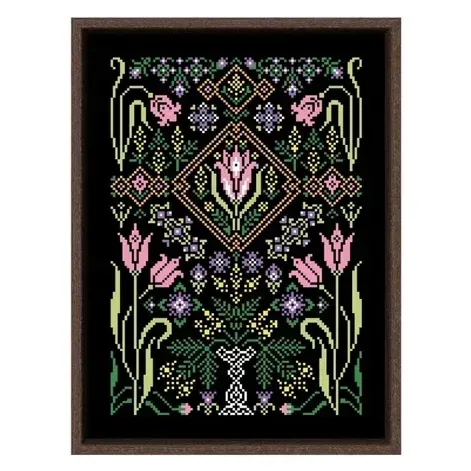 Tulip sampler cross stitch design CC-K8-03: pink tulips and small violet flowers around a salmon and gold diamond frame on black fabric