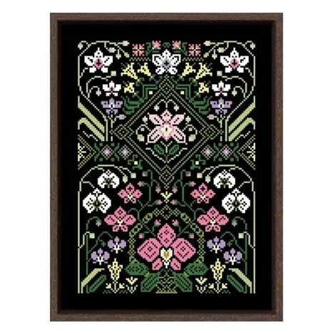 Orchid sampler cross stitch design CC-K8-04: white, pink and lilac orchids with an olive-green medallion on black fabric