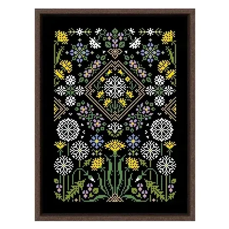 Dandelion sampler cross stitch design CC-K8-05: yellow dandelions, white seed heads and blue cornflowers on black fabric
