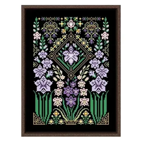 Gladioli sampler cross stitch design CC-K8-06: lilac and pale-pink gladioli with golden bees and stylized baskets on black fabric