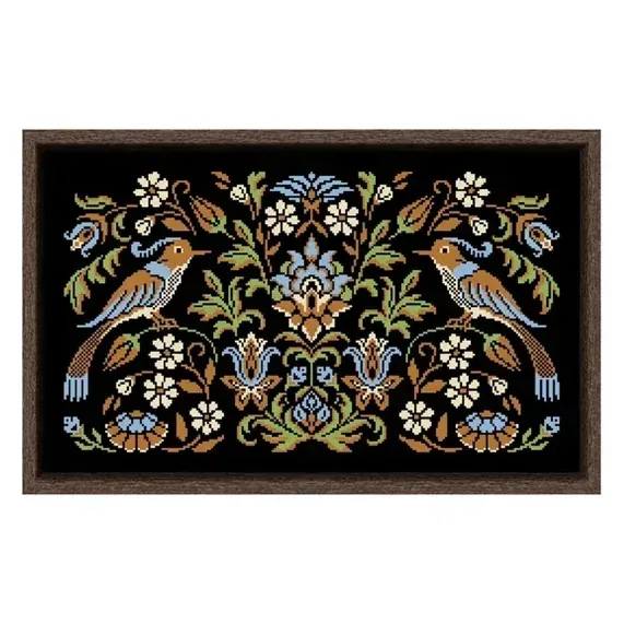 Turquoise Bird Night Songs cross stitch design CC-K9-01: two perched folk birds with light-blue breasts among cream and blue flowers on black fabric