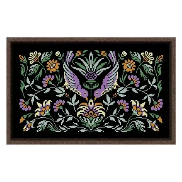 Amethyst Bird Night Songs cross stitch design CC-K9-02: two violet birds diving around a thistle with mauve and ochre flowers on black fabric