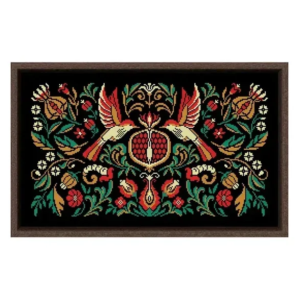 Pomegranate Bird Night Songs cross stitch design CC-K9-03: two red and gold birds with spread wings around a pomegranate on black fabric