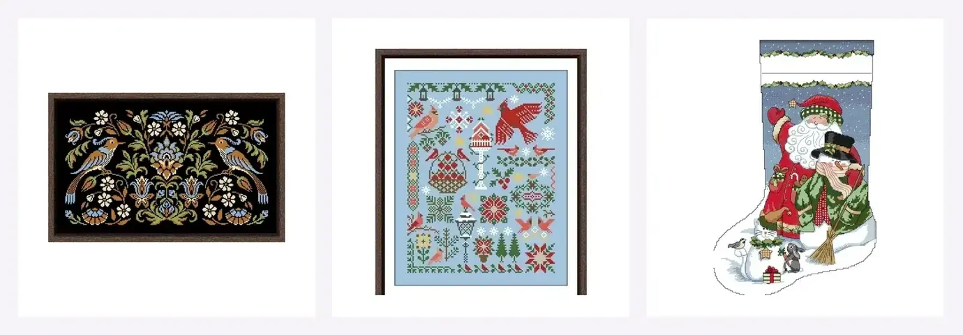 A spread of CozyCross cross stitch kit designs: black-canvas folk birds, sky-blue bird samplers and a Christmas stocking, shown side by side