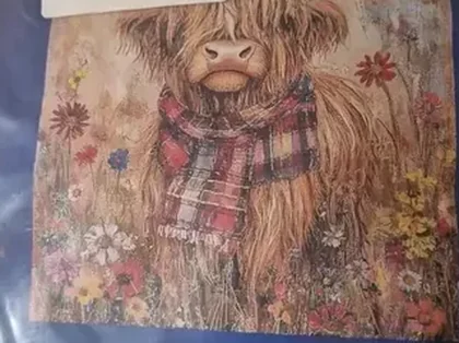 Buyer photo of the Highland Cow kit CC-K3-01: the shaggy cow in a tartan scarf among wildflowers, printed in full color on the fabric inside its sleeve