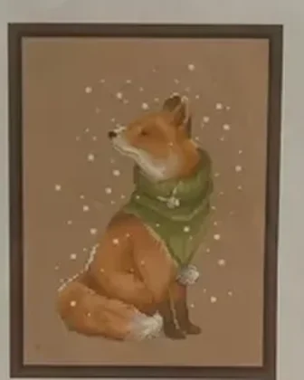 Buyer photo of the Winter Fox kit CC-K6-04: the printed design sheet showing the red fox in a green knit sweater with falling snow on flaxen ground