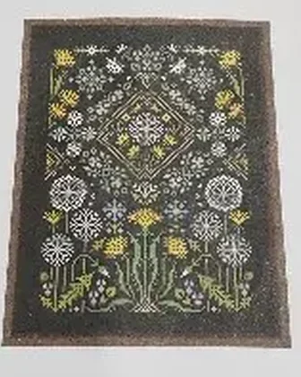Buyer photo of the Dandelion kit CC-K8-05: the sampler design printed on the chart sheet, yellow dandelions and white seed heads on black ground