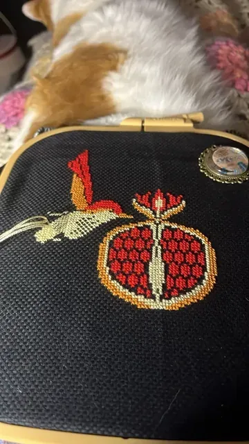 Buyer photo of the Pomegranate Bird design in progress on black fabric in a wooden hoop, with the pomegranate finished and a cat behind